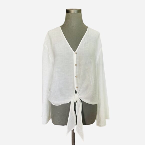 MNG Mango Women's White Sheer Long Sleeve Knot Front Blouse Top Size 4 - Picture 1 of 5